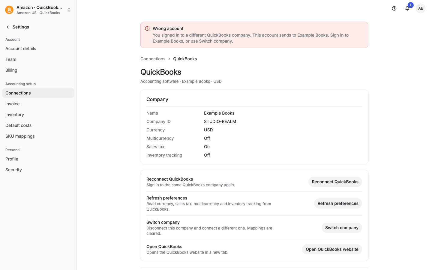 QuickBooks page with a Wrong account notice