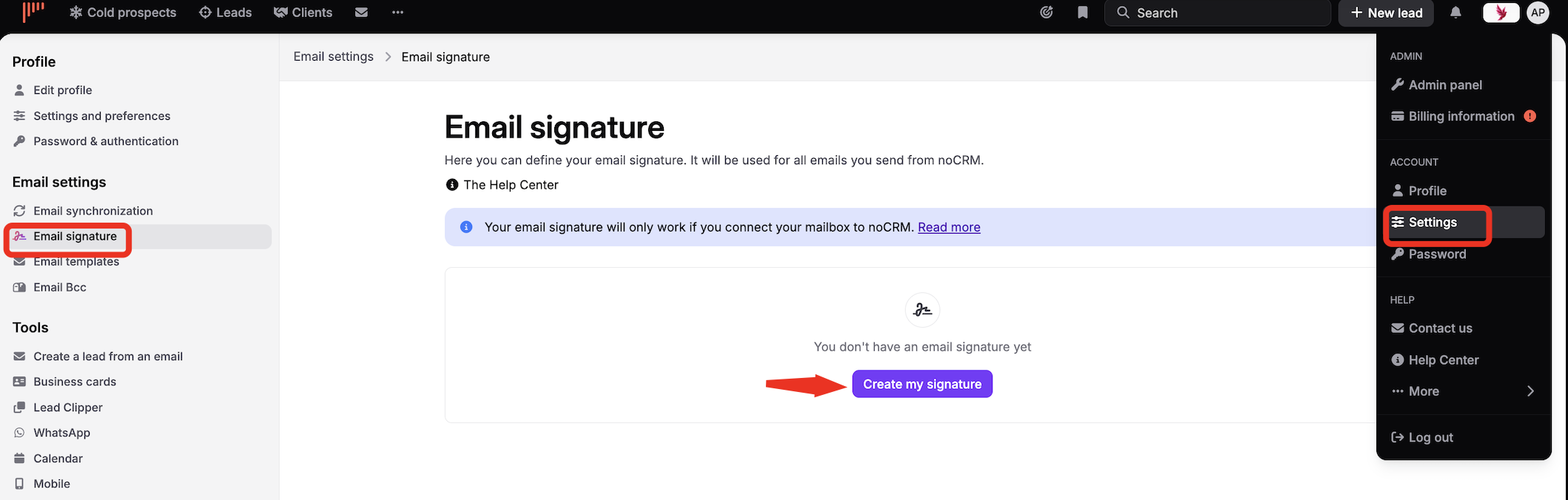The Email signature settings screen shows no signature yet; red outlines mark Settings and Email signature, and a red arrow points to Create my signature. Visible: Email settings, Email signature, You don't have an email signature yet, Create my signature, Your email signature will only work if you