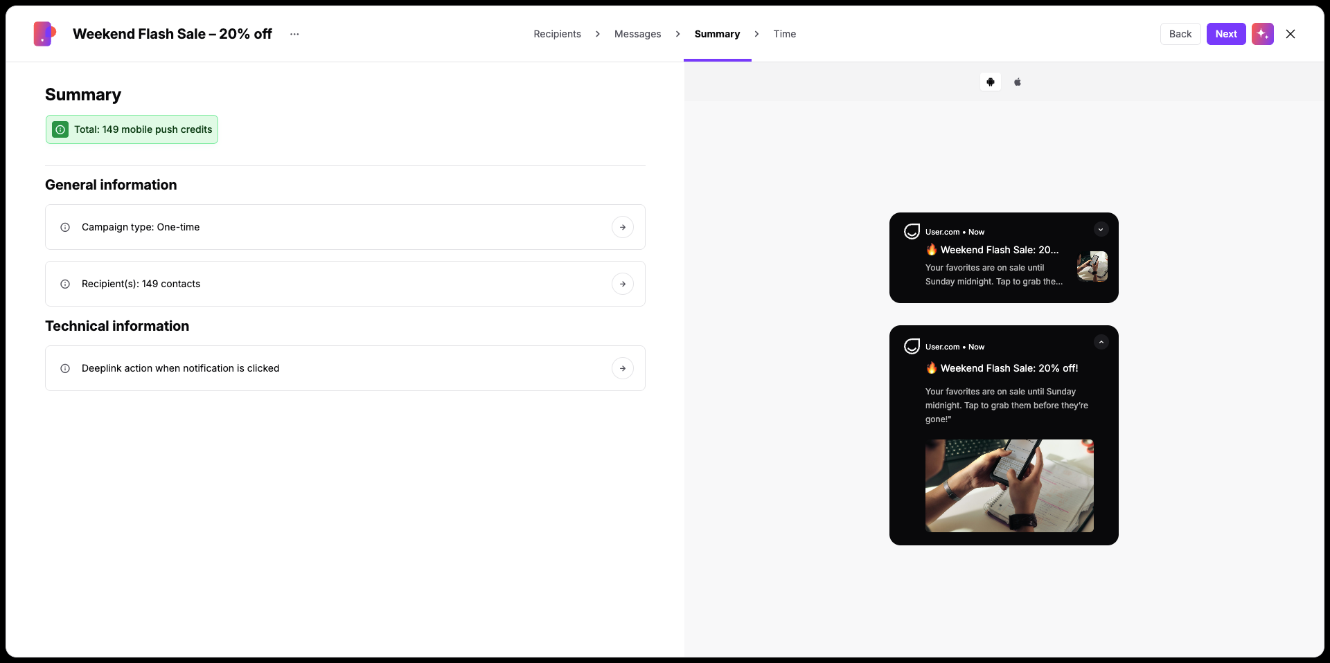 Campaign Summary screen for “Weekend Flash Sale – 20% off,” showing mobile push credits, campaign details, and Android notification previews. Visible: Weekend Flash Sale – 20% off, Recipients, Messages, Summary, Time, Back.