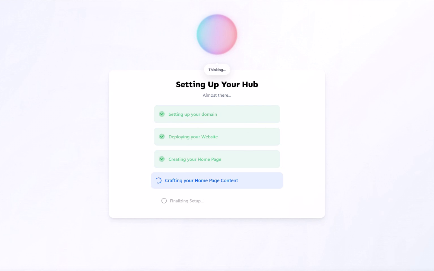 The Setting Up Your Hub progress screen, showing the setup steps in progress