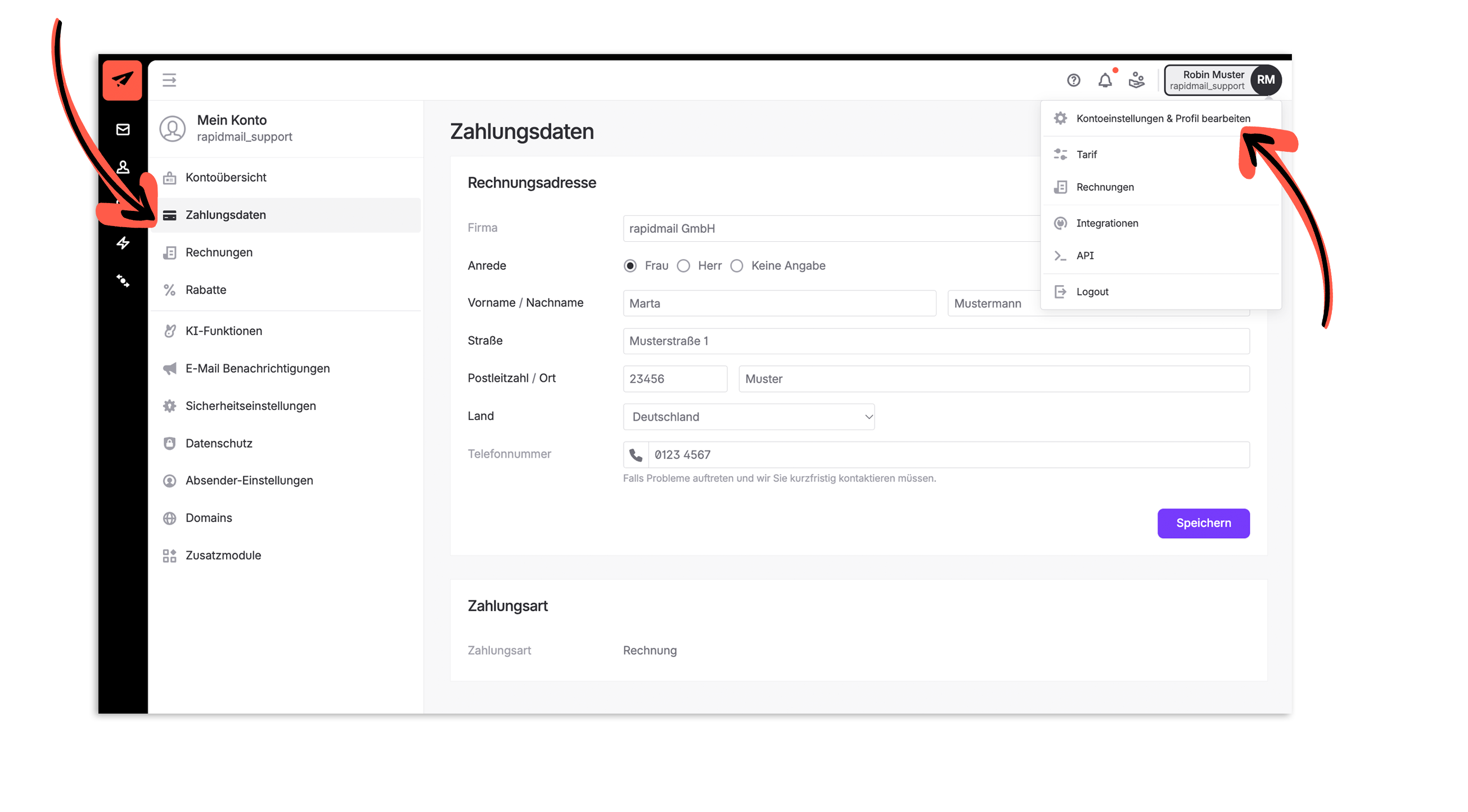 Die Zahlungsdaten-Seite zeigt Rechnungsadresse und Zahlungsart; rote Pfeile markieren den Menüpunkt „Zahlungsdaten“ und das geöffnete Profilmenü oben rechts. Visible: Zahlungsdaten, Rechnungsadresse, Zahlungsart, Kontoübersicht, Rechnungen, Tarif.