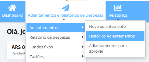 The top navigation shows the “Adiantamentos e Relatórios de Despesas” menu open, with “Histórico Adiantamentos” highlighted in its submenu. Visible: Dashboard, Adiantamentos e Relatórios de Despesas, Relatórios, Adiantamentos, Relatório de despesas, Fundos fixos.