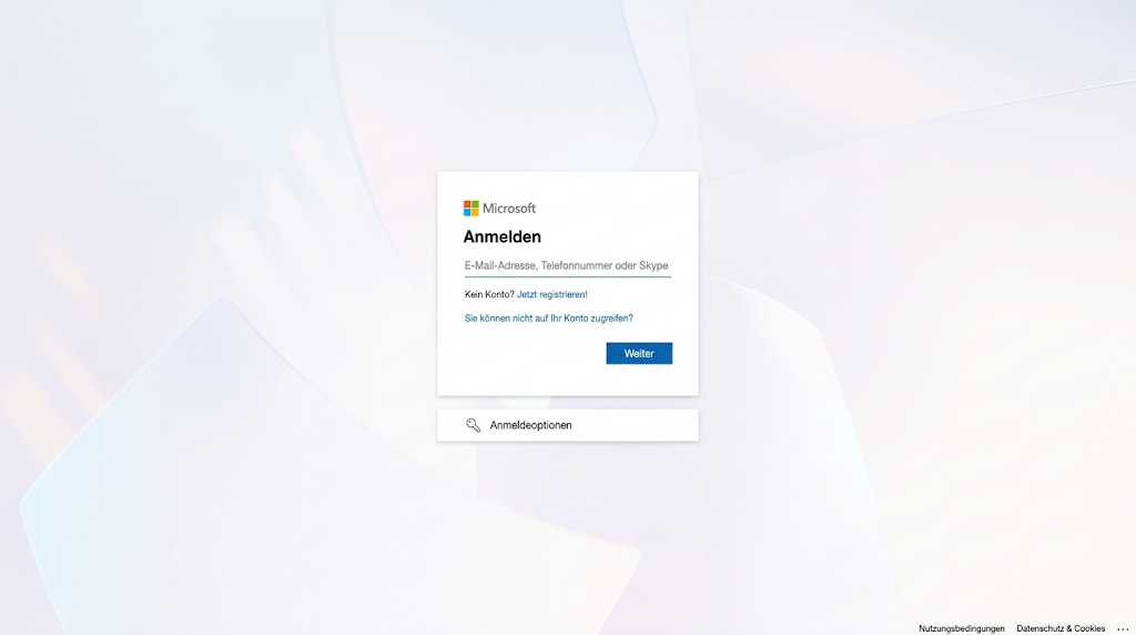 Microsoft-Anmeldeseite mit E-Mail-, Telefon- oder Skype-Eingabefeld, Weiter-Schaltfläche und Anmeldeoptionen. Visible: Microsoft, Anmelden, E-Mail-Adresse, Telefonnummer oder Skype, Kein Konto?, Jetzt registrieren!, Sie können nicht auf Ihr Konto zugreifen.