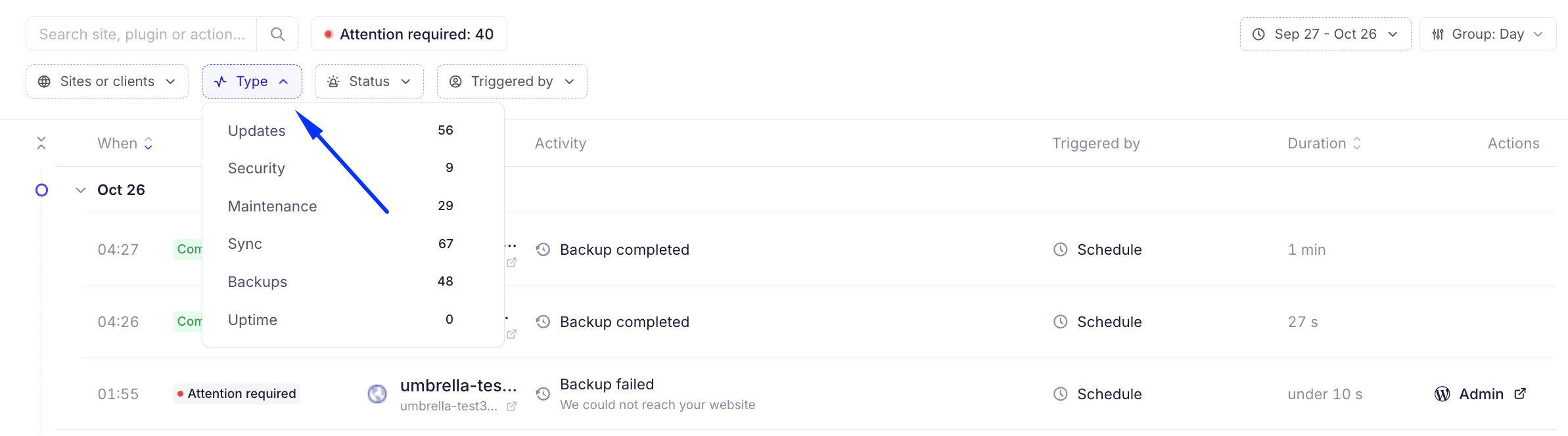 Activity log screen with the Type filter dropdown open, listing activity categories and counts; a blue arrow points to Updates. Visible: Search site, plugin or action..., Attention required: 40, Sites or clients, Type, Status, Triggered by.