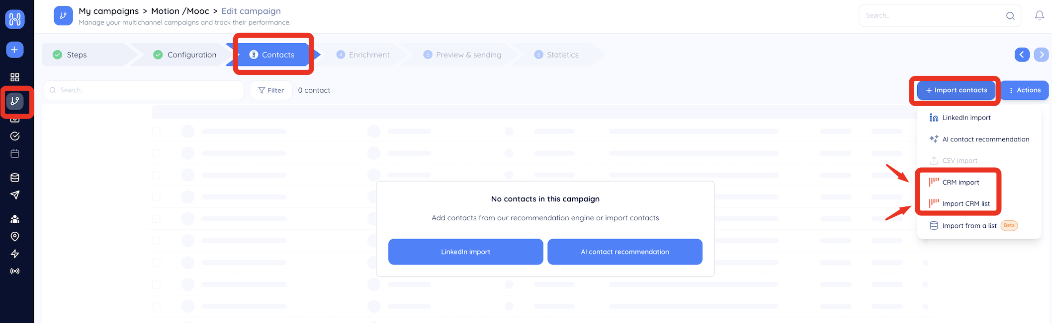 Paso Contacts de una campaña: menú Import contacts abierto, con flechas hacia CRM import e Import CRM list.
