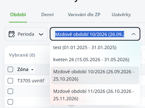 The Mzdové období dropdown is open on the Období tab, with the October 2026 payroll period highlighted among date-range options. Visible: Období, Denní, Varování dle ZP, Uzávěrky, Perioda, Mzdové období 10/2026 (26.09.2026 - 25.10.2026).