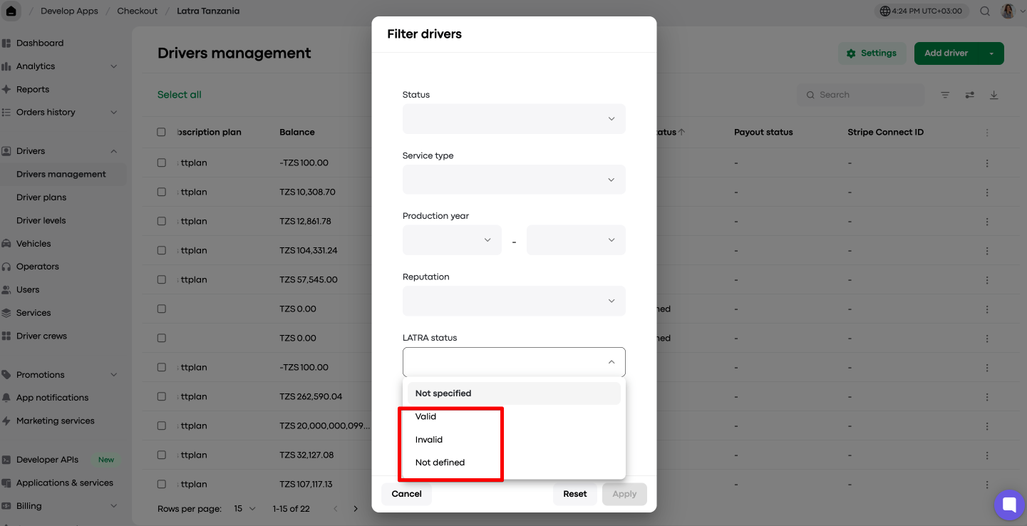 The Drivers management screen has a Filter drivers dialog open, with a red box highlighting the LATRA status options Valid, Invalid, and Not defined. Visible: Drivers management, Filter drivers, Status, Service type, Production year, Reputation.