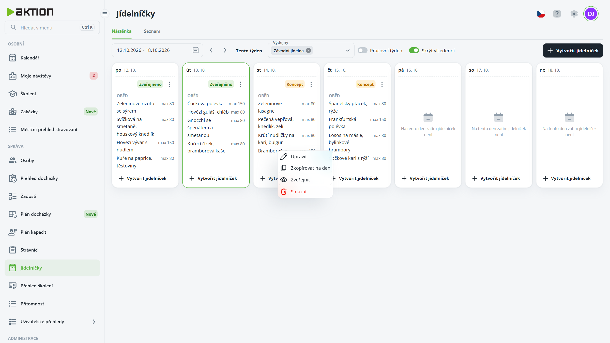 Weekly Jídelníčky dashboard shows meal plans for October 12–18, 2026, with the Wednesday card’s actions menu open. Visible: Jídelníčky, Nástěnka, Seznam, 12.10.2026 - 18.10.2026, Výdejny, Závodní jídelna.