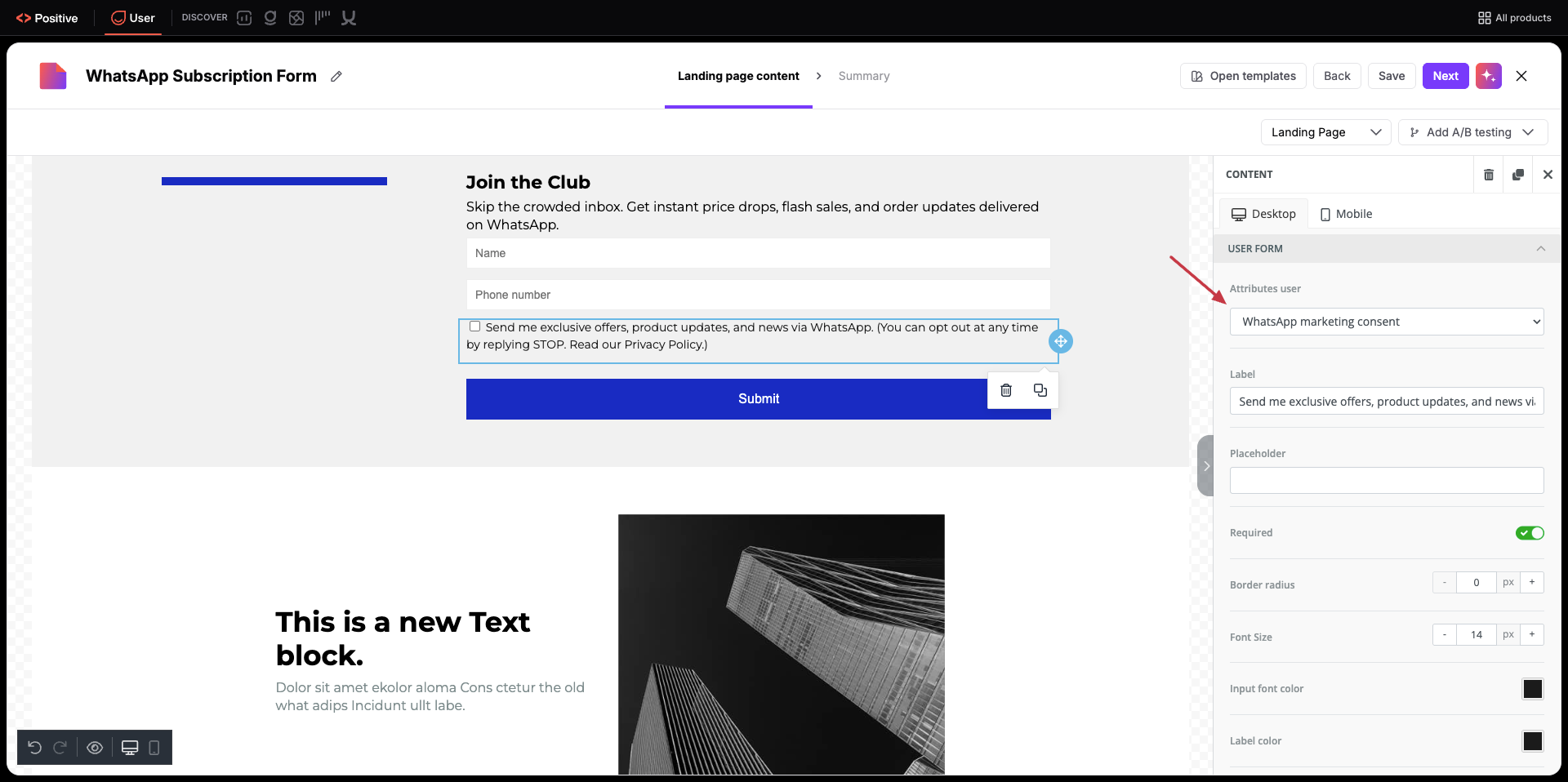 Landing page editor for WhatsApp Subscription Form shows a selected consent checkbox, with an arrow pointing to its WhatsApp marketing consent attribute in the User Form settings. Visible: WhatsApp Subscription Form, Landing page content, Summary, Open templates, Back, Save.