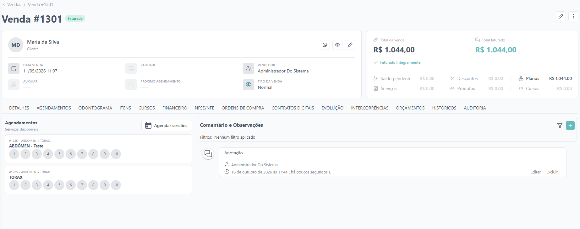 The Venda #1301 details screen shows a billed sale, customer and totals, with appointment services and a comment in the Detalhes tab. Visible: Venda #1301, Faturada, Maria da Silva, Cliente, DATA VENDA, VALIDADE.