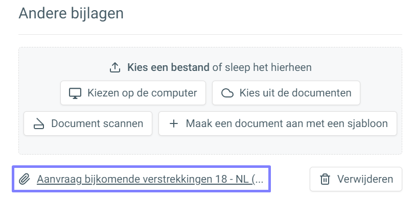 The Andere bijlagen section shows file-upload options and an attached file row highlighted around “Aanvraag bijkomende verstrekkingen 18 - NL”, beside Verwijderen. Visible: Andere bijlagen, Kies een bestand, of sleep het hierheen, Kiezen op de computer, Kies uit de documenten, Document scannen.