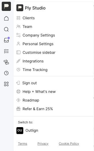 The Ply Studio workspace menu is open in the sidebar, showing navigation options, account links, and a switch to Outlign option. Visible: Ply Studio, Clients, Team, Company Settings, Personal Settings, Customise sidebar.