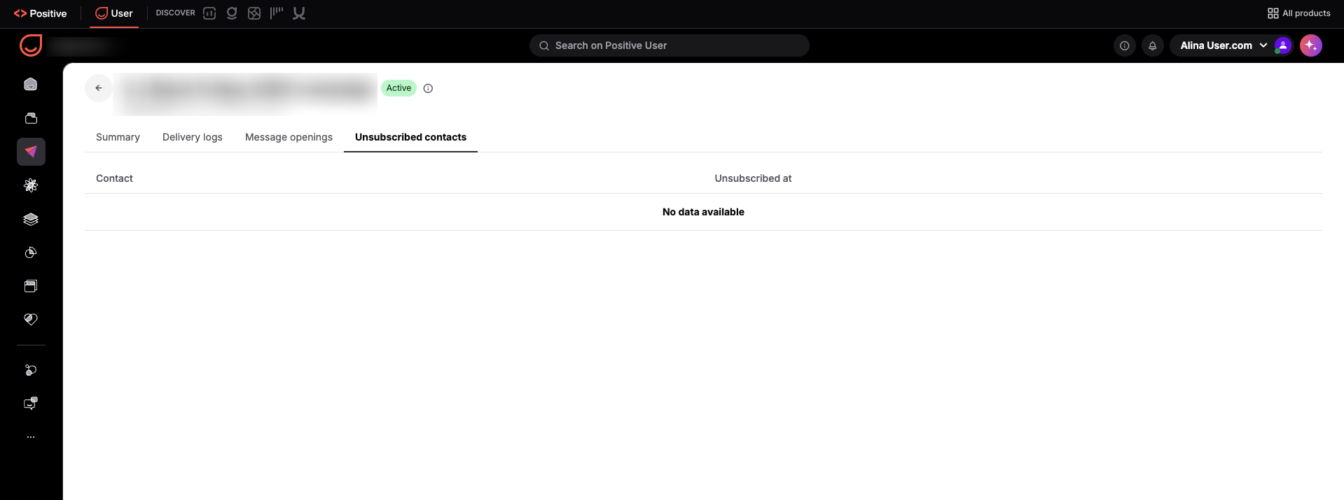 Positive User activity screen with the Unsubscribed contacts tab selected, showing Contact and Unsubscribed at columns and no data available. Visible: Positive, User, DISCOVER, All products, Search on Positive User, Alina User.com.