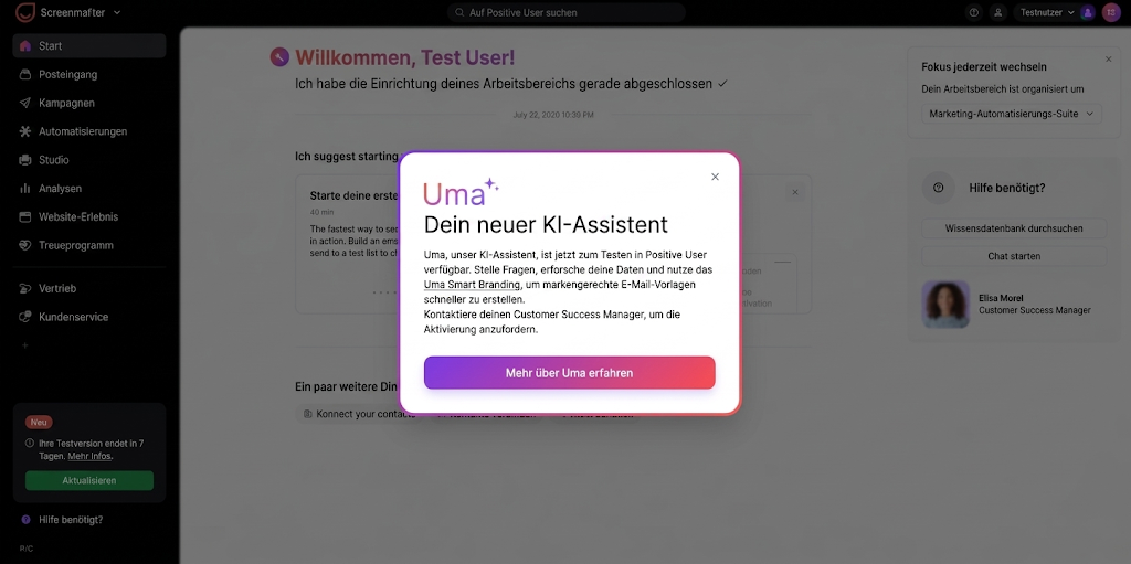 A centered Uma AI assistant announcement modal appears over the Positive User dashboard, with a “Mehr über Uma erfahren” button. Visible: Screenmatter, Start, Posteingang, Kampagnen, Automatisierungen, Studio.