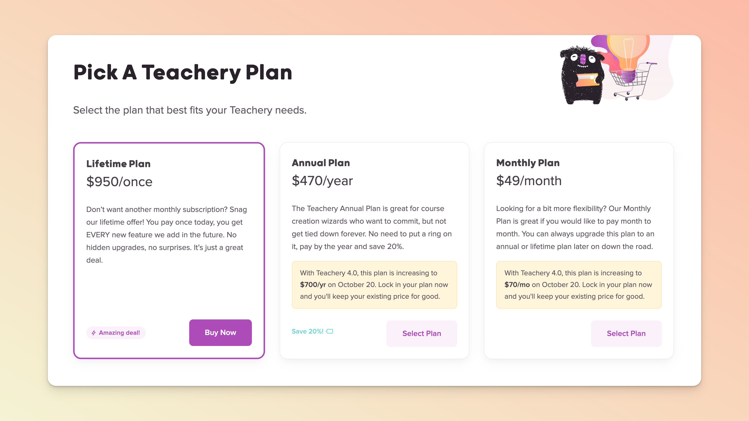 Teachery plan selection screen compares Lifetime, Annual, and Monthly plans, with the Lifetime Plan outlined in purple. Visible: Pick A Teachery Plan, Select the plan that best fits your Teachery needs., Lifetime Plan, $950/once, Amazing deal!, Buy Now.