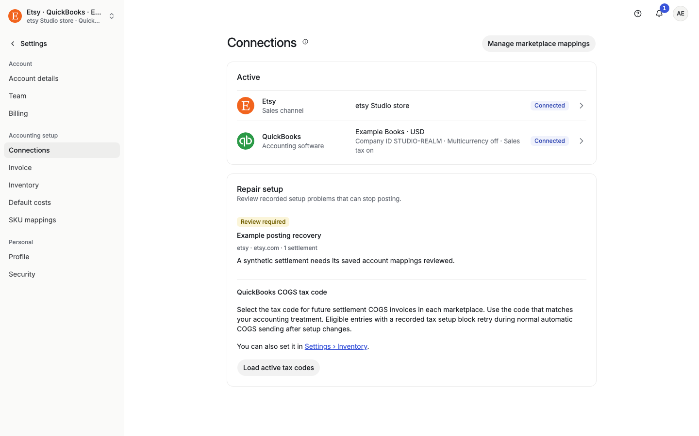 Connections page with Etsy and QuickBooks connected