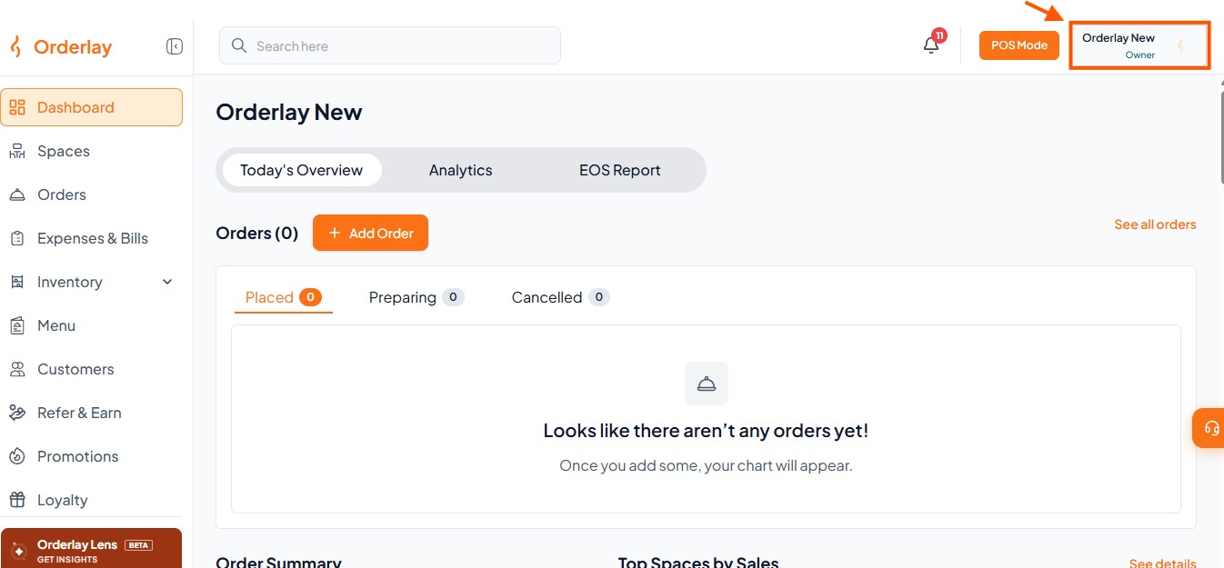 Orderlay New Dashboard shows an empty Orders section, with an orange arrow pointing to the Orderlay New owner selector in the top-right corner. Visible: Orderlay, Search here, POS Mode, Orderlay New, Owner, Dashboard.