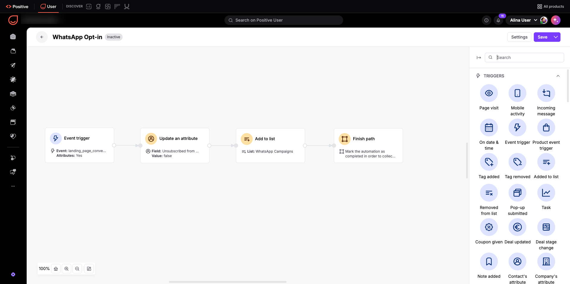WhatsApp Opt-in automation editor shows an inactive workflow with Event trigger, Update an attribute, Add to list, and Finish path blocks, plus a Triggers panel on the right. Visible: WhatsApp Opt-in, Inactive, Settings, Save, Search, TRIGGERS.