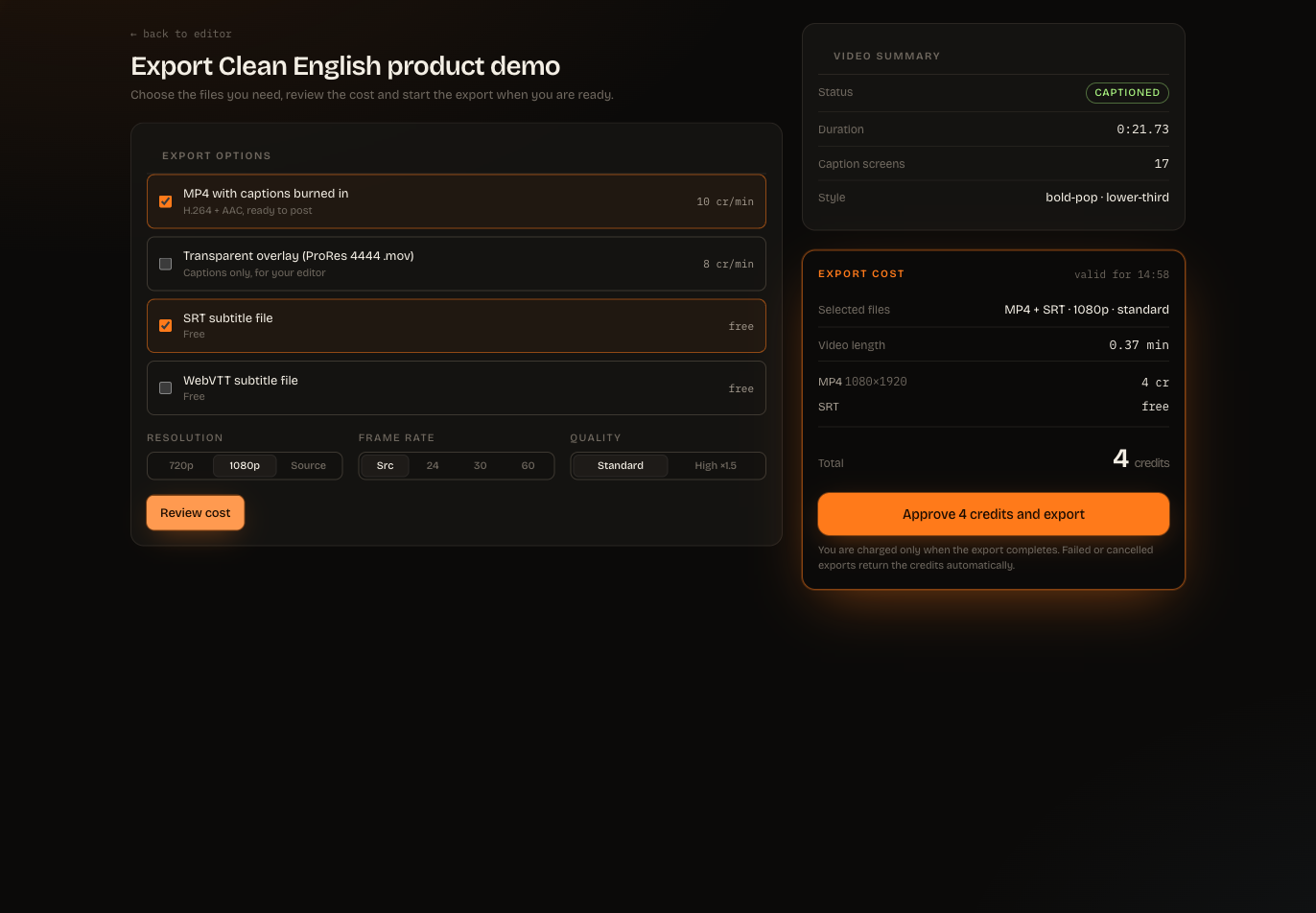 A completed ClipSubtitles render with downloadable MP4 and SRT files.