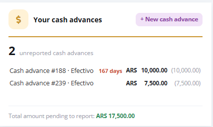 The Your cash advances screen lists two unreported cash advances, their amounts and reporting age, with the total pending amount below. Visible: Your cash advances, + New cash advance, 2, unreported cash advances, Cash advance #188 · Efectivo, 167 days.