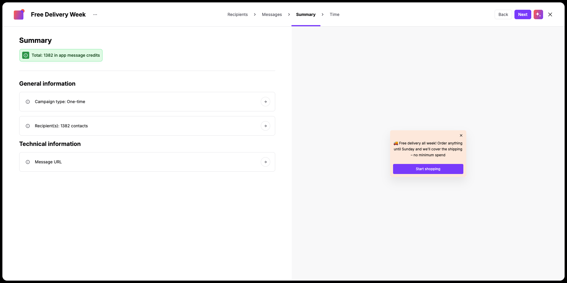 The Summary screen for the “Free Delivery Week” campaign shows message credits, campaign and recipient details, technical information, and a message preview. Visible: Free Delivery Week, Recipients, Messages, Summary, Time, Back.