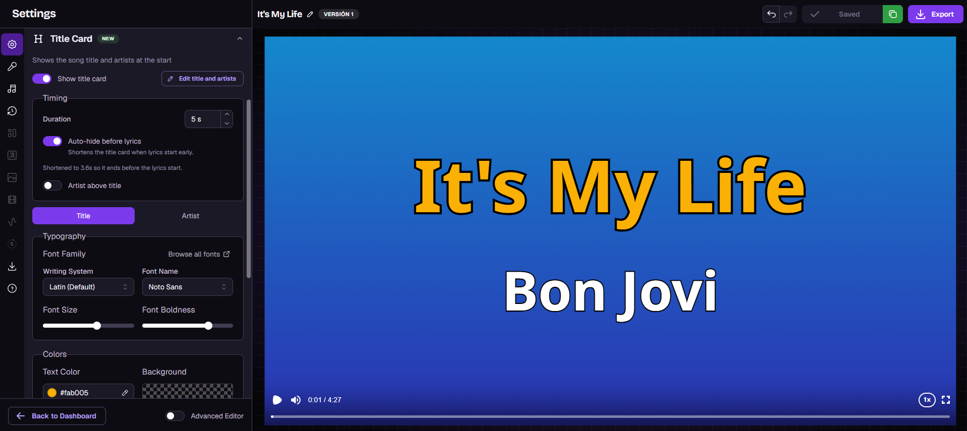 The Title Card settings screen shows a preview with “It's My Life” by Bon Jovi over a blue gradient background. Visible: Settings, Title Card, Show title card, Edit title and artists, Timing, Duration.