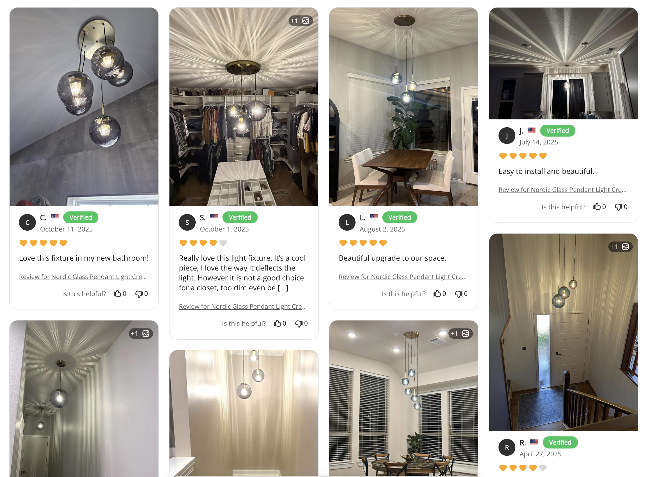 Customer review cards show photos of a multi-globe Nordic glass pendant light installed in bathrooms, closets, dining rooms, kitchens, and an entryway. Visible: Verified, October 11, 2025, Love this fixture in my new bathroom!, October 1, 2025, Really love this light fixture., August 2, 2025.