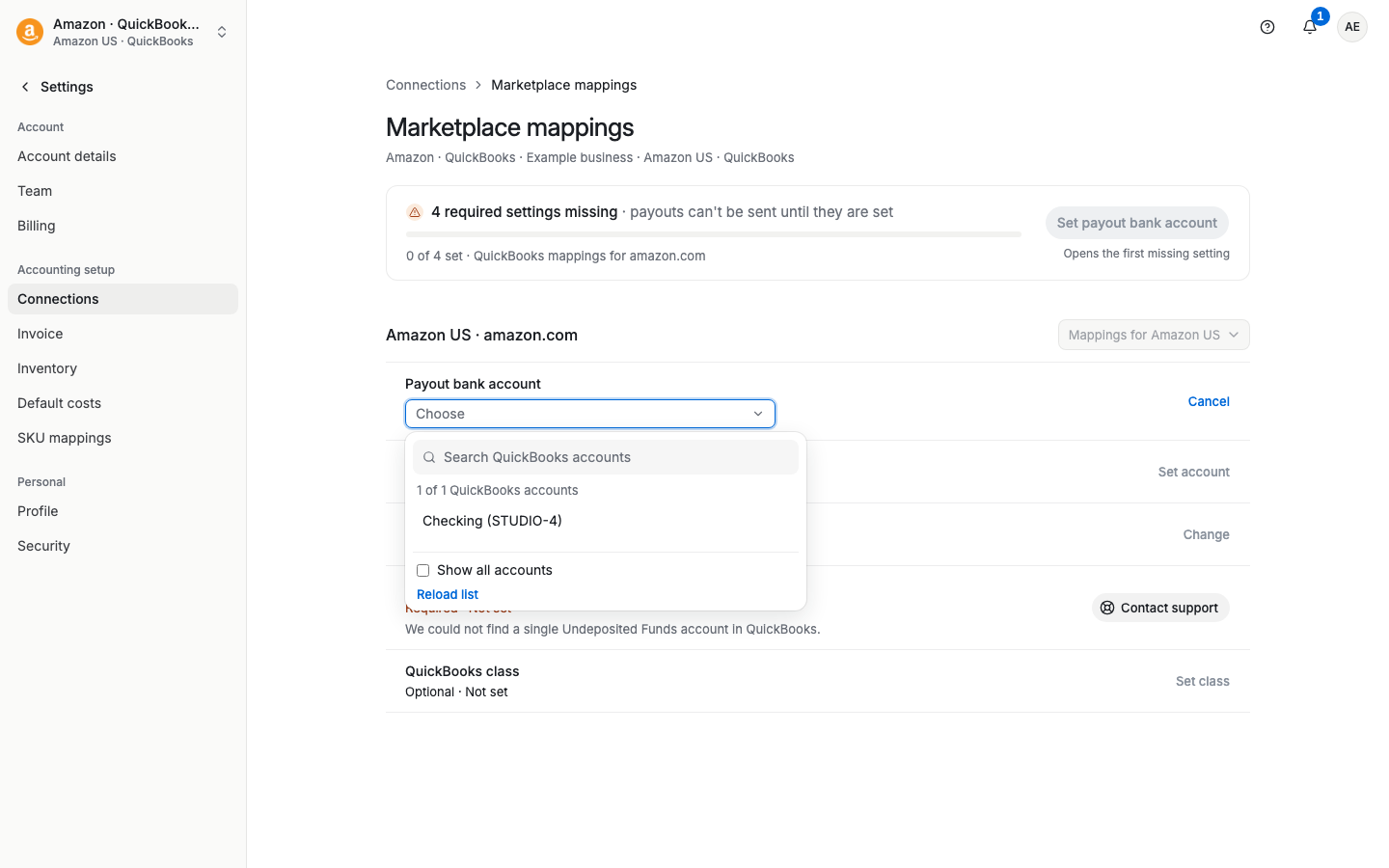 Marketplace mappings with the Payout bank account picker open