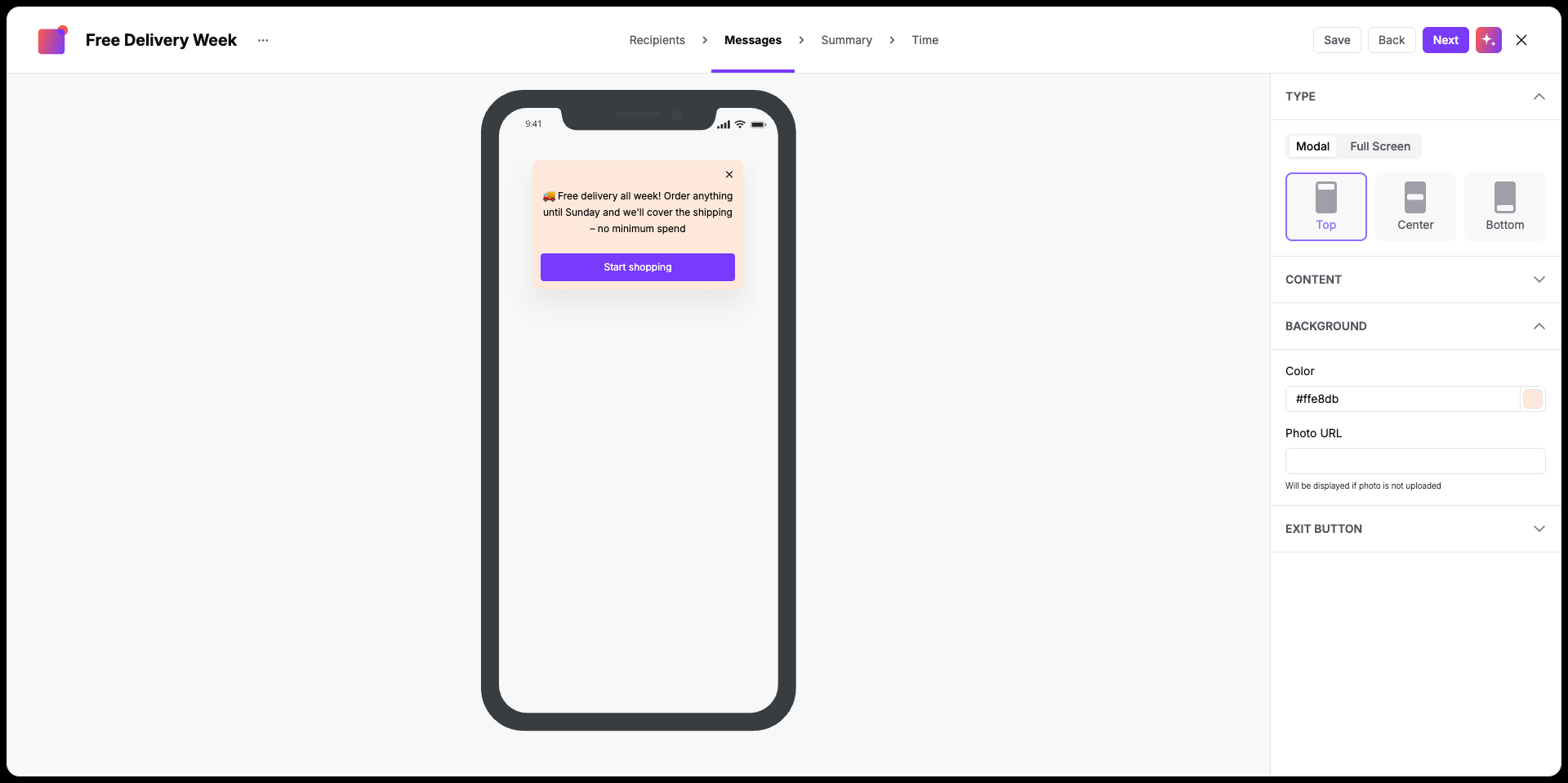 The Messages step for “Free Delivery Week” shows a mobile preview with a top-positioned free-delivery modal and a “Start shopping” button. Visible: Free Delivery Week, Recipients, Messages, Summary, Time, Save.