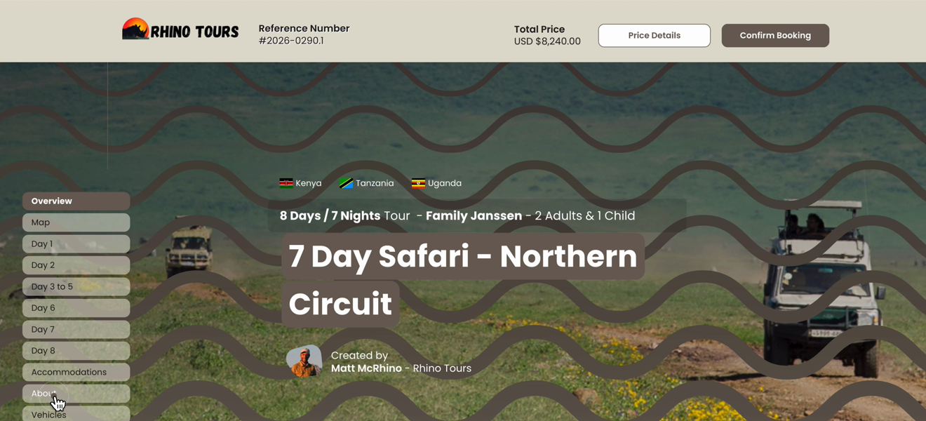 Rhino Tours booking Overview screen for the 7 Day Safari – Northern Circuit, with itinerary navigation over a safari vehicle background. Visible: RHINO TOURS, Reference Number, #2026-0290.1, Total Price, USD $8,240.00, Price Details.