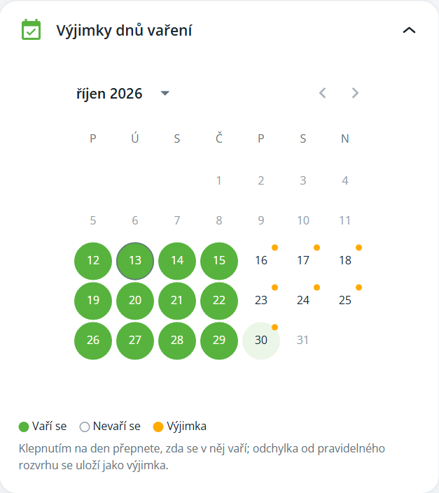 Sekce „Výjimky dnů vaření“ zobrazuje kalendář října 2026 s dny vaření zeleně a výjimkami oranžovými tečkami. Visible: Výjimky dnů vaření, říjen 2026, P, Ú, S, Č.