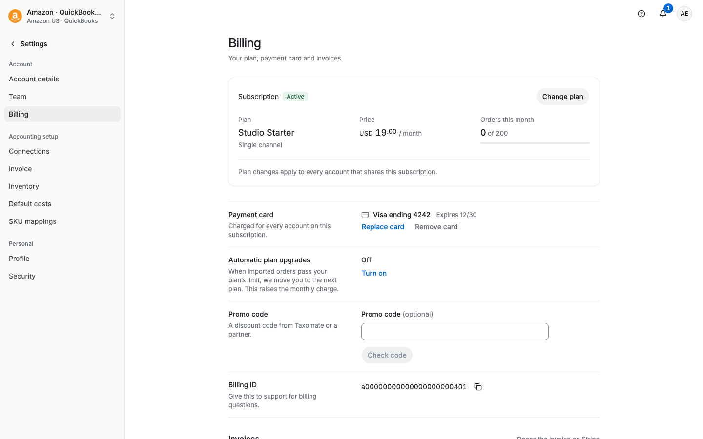 Billing page showing the plan, payment card and invoices