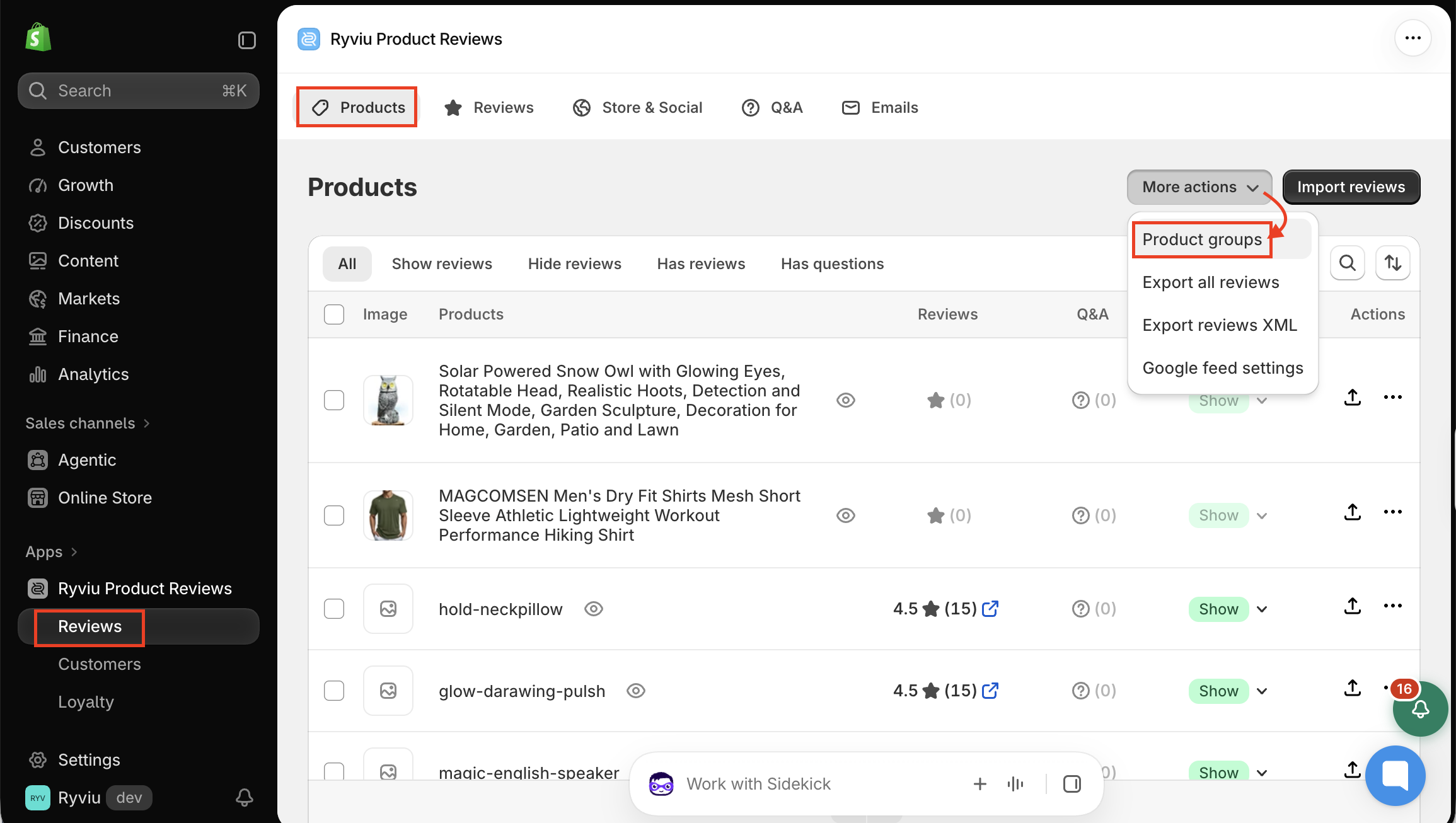 Shopify admin RYVIU Product Reviews screen with Reviews selected, showing the Products list and the More actions menu open to Product groups. Visible: RYVIU Product Reviews, Products, Reviews, Store & Social, Q&A, Emails.