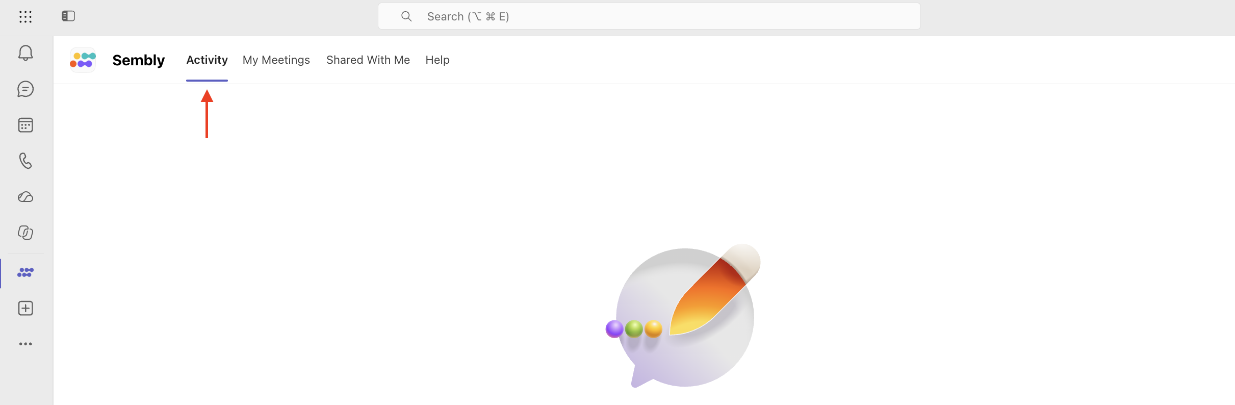 Sembly app Activity screen with the Activity tab selected; a red arrow points to the tab’s purple underline. Visible: Sembly, Activity, My Meetings, Shared With Me, Help, Search (⌥ ⌘ E).