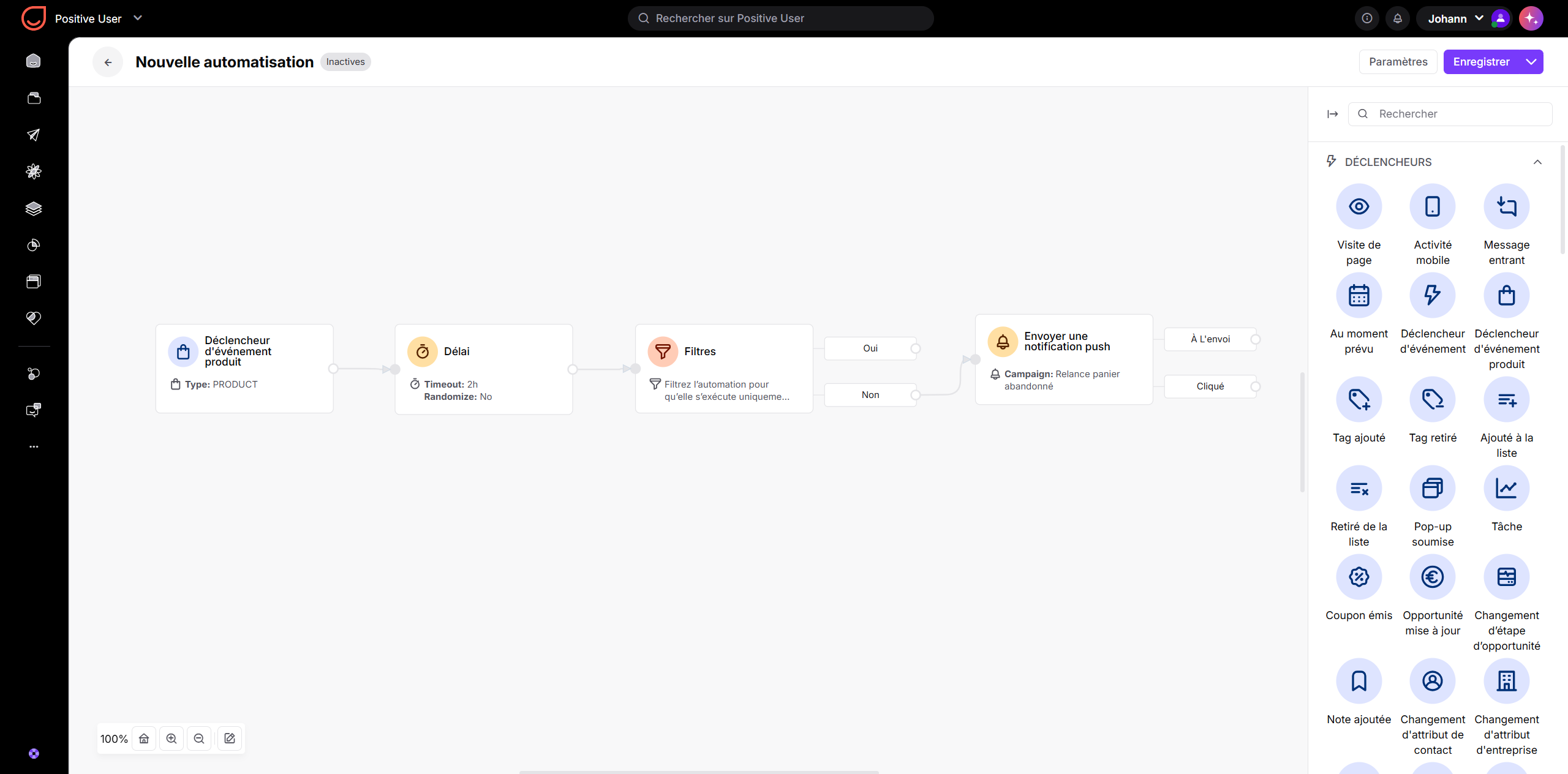 Éditeur « Nouvelle automatisation » montrant un flux avec déclencheur d’événement produit, délai, filtres et notification push, et le panneau des déclencheurs à droite. Visible: Nouvelle automatisation, Inactives, Paramètres, Enregistrer, Déclencheur d'événement produit, Type: PRODUCT.