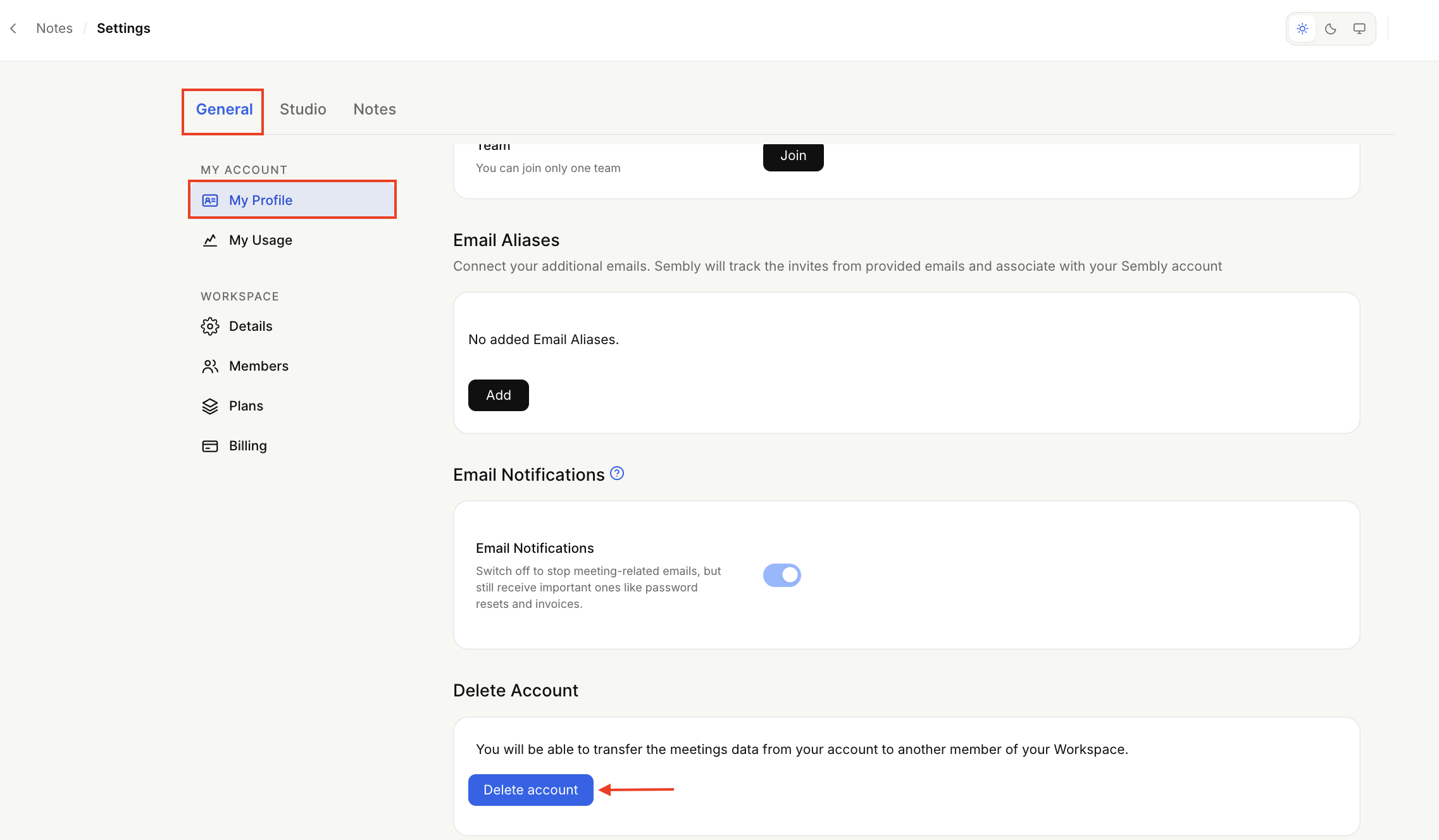 Settings page with General tab and My Profile selected, showing Email Aliases, Email Notifications, and Delete Account; an arrow points to the Delete account button. Visible: Notes, Settings, General, Studio, My Profile, My Usage.