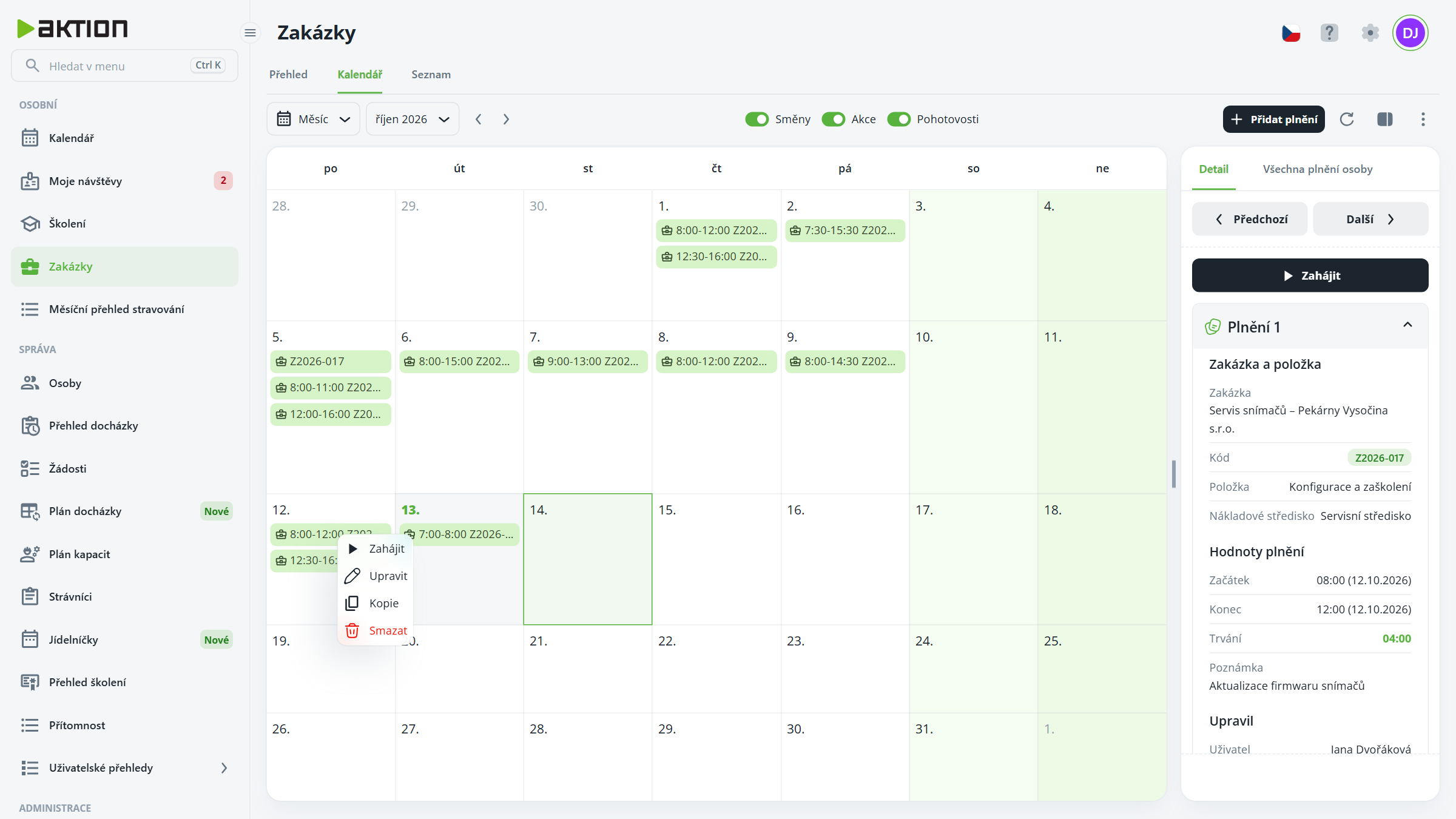 The Zakázky calendar screen shows October 2026 fulfillment entries, an open entry menu, and a detail panel for Plnění 1. Visible: Zakázky, Kalendář, říjen 2026, Přidat plnění, Detail, Všechna plnění osoby.
