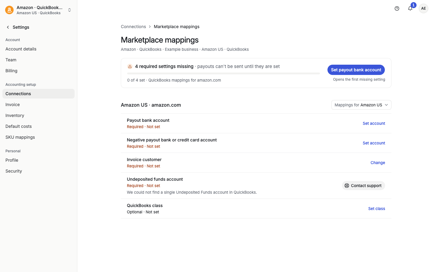 Marketplace mappings page listing the settings for a marketplace