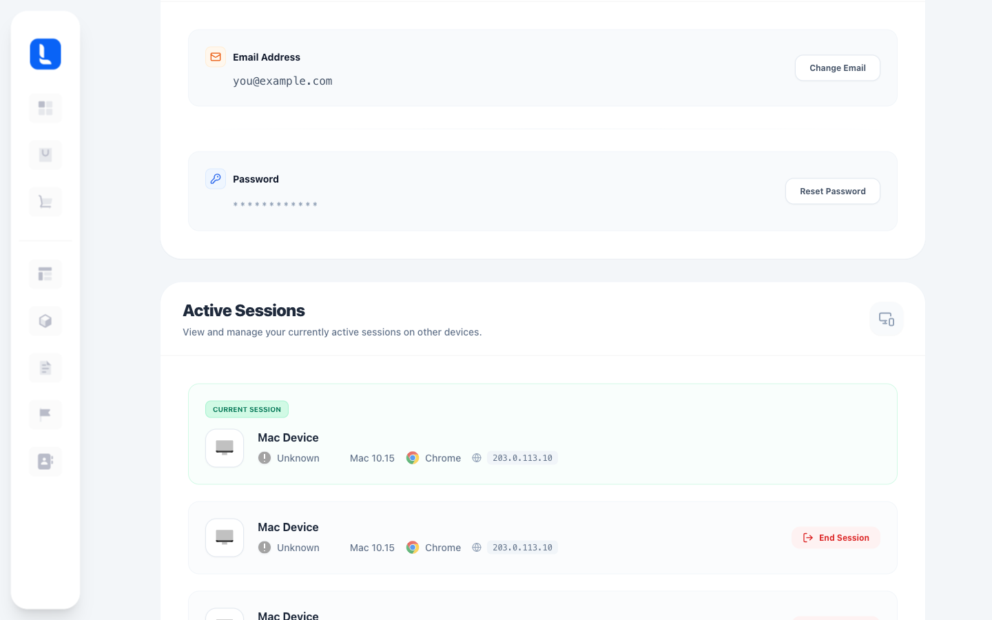 The Active Sessions list in Sign In & Security, with the current session and an End Session button next to the other devices.