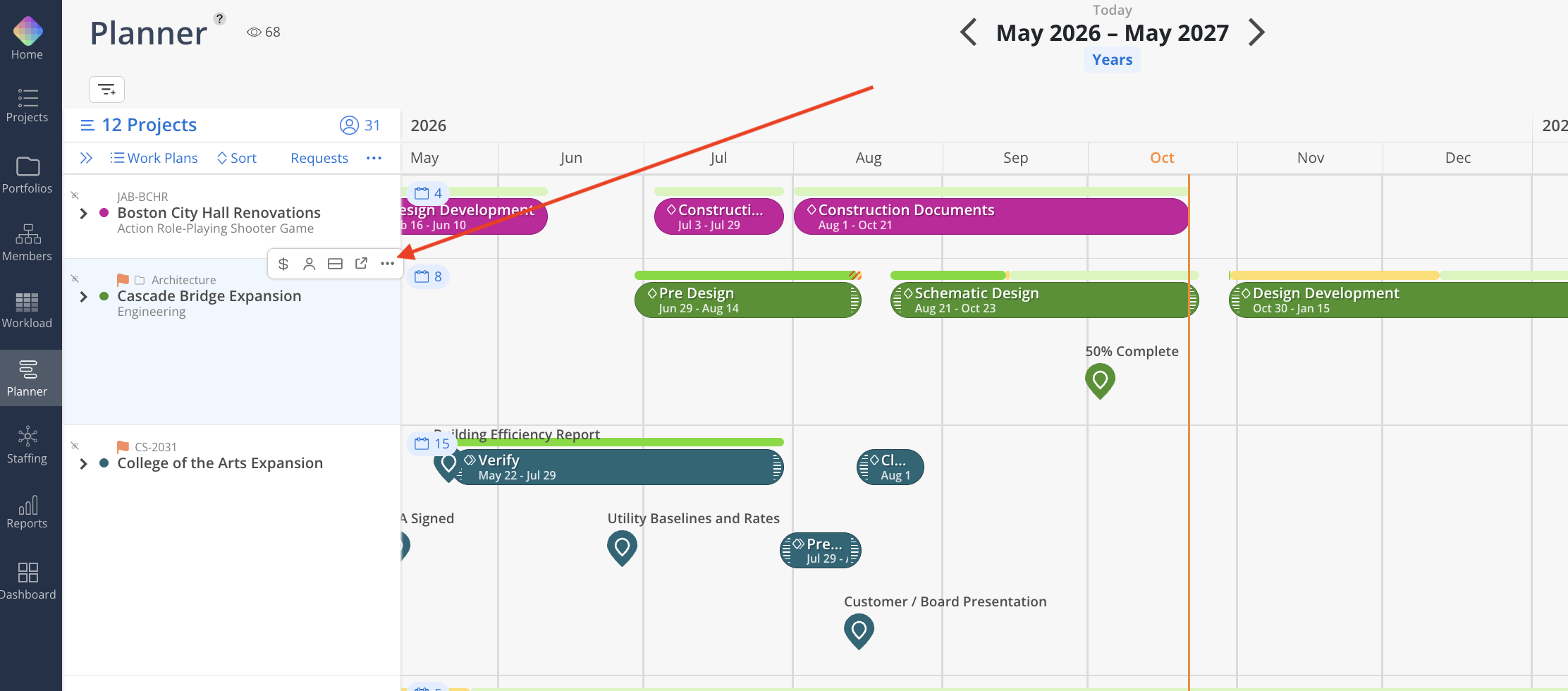 Planner Years timeline for May 2026–May 2027 shows project schedules; the red arrow points to the three-dot menu in the Cascade Bridge Expansion toolbar. Visible: Planner, 12 Projects, Work Plans, Sort, Requests, 2026.