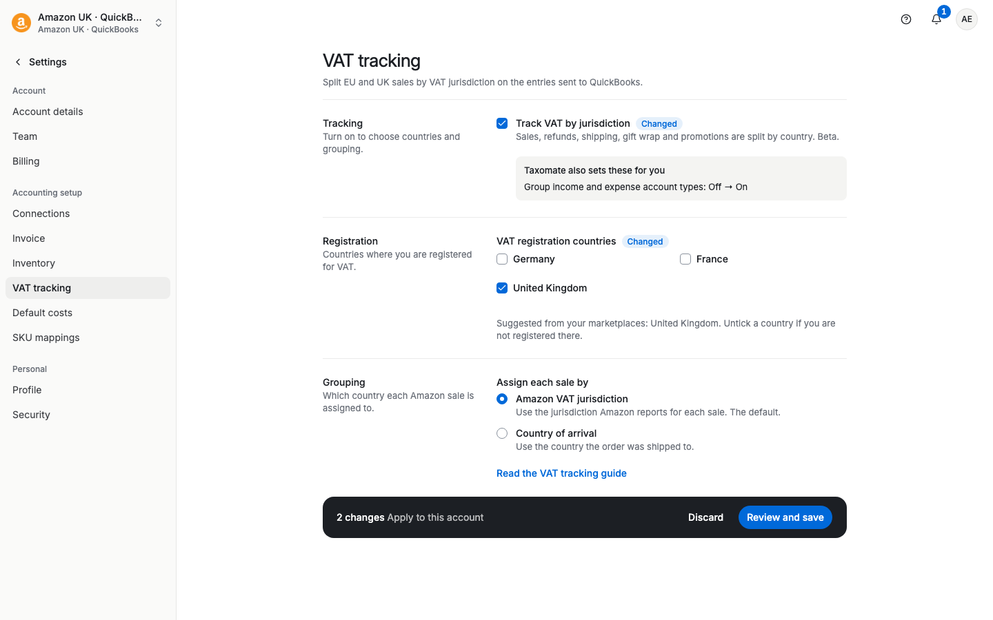 VAT tracking settings with Track VAT by jurisdiction, countries and grouping