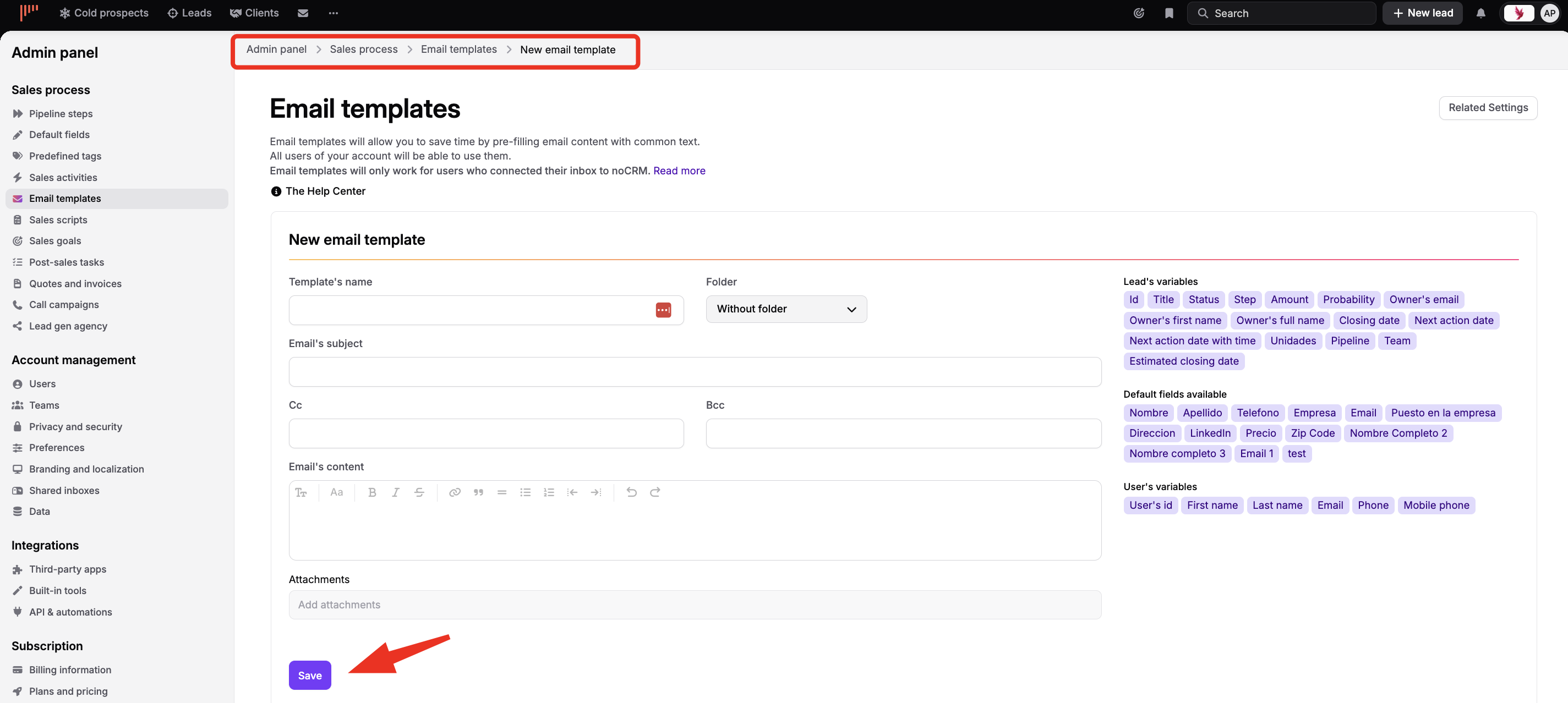 The Admin panel’s Sales process > Email templates > New email template screen shows a blank template form; a red outline marks the breadcrumb and an arrow points to Save. Visible: Admin panel, Sales process, Email templates, New email template, Template's name, Folder.