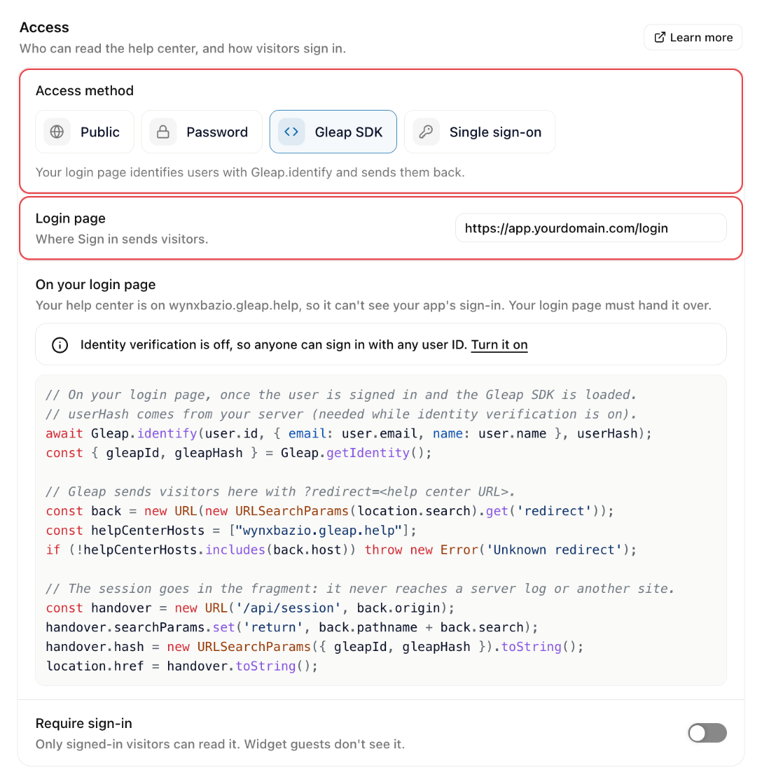 Help center Access settings with Gleap SDK picked, the Login page filled in, and the code for your login page below