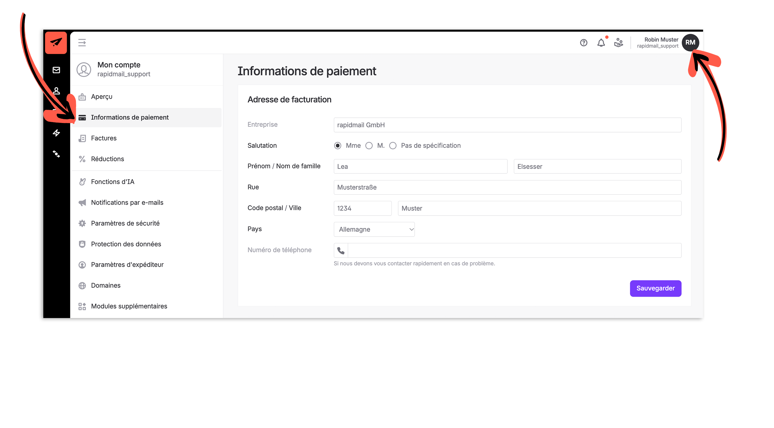La page « Informations de paiement » du compte affiche le formulaire d’adresse de facturation ; les flèches rouges pointent vers cette section et l’avatar RM en haut à droite. Visible: Mon compte, Informations de paiement, Adresse de facturation, Entreprise, Salutation, Mme.