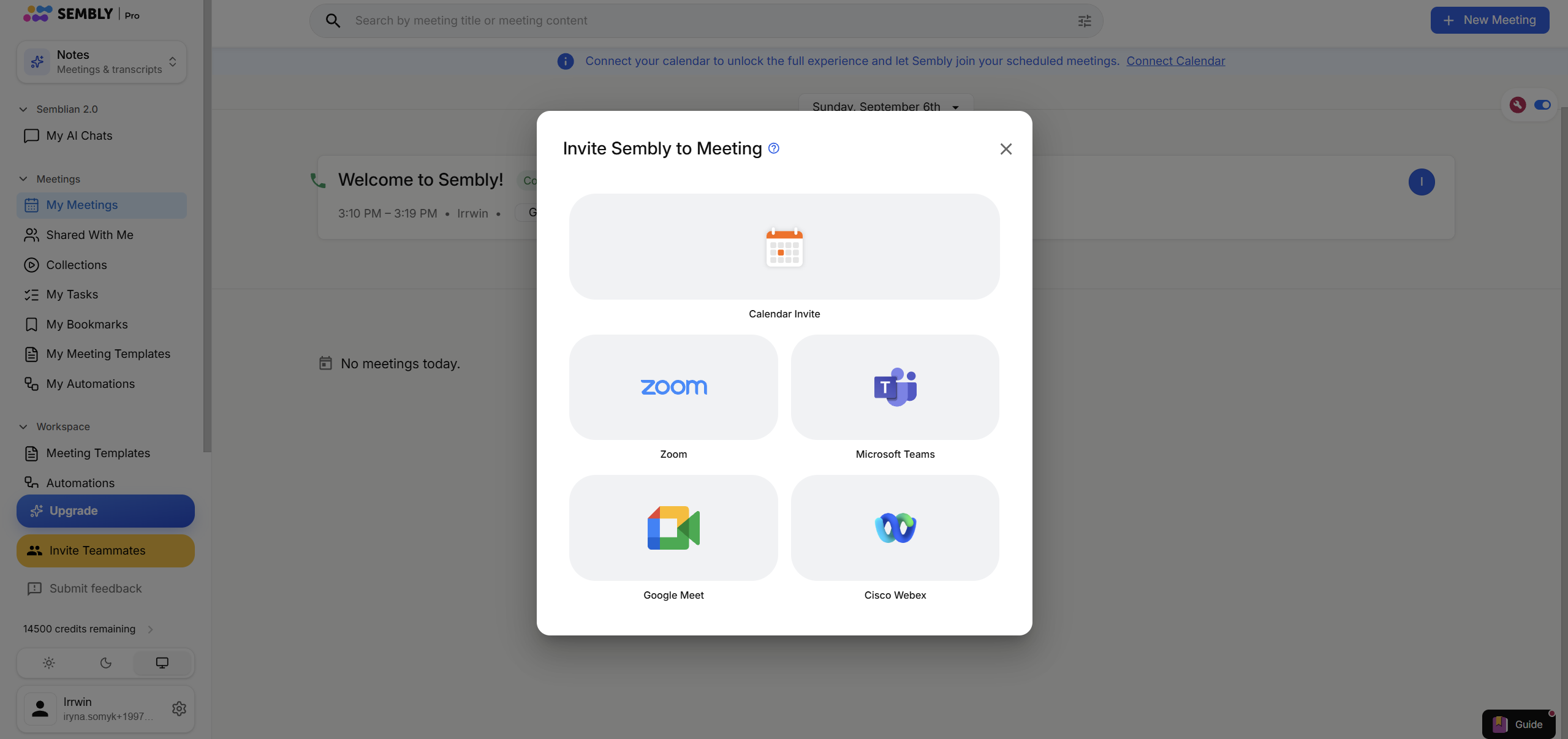 The “Invite Sembly to Meeting” modal lists Calendar Invite, Zoom, Microsoft Teams, Google Meet, and Cisco Webex options over the My Meetings screen. Visible: Invite Sembly to Meeting, Calendar Invite, Zoom, Microsoft Teams, Google Meet, Cisco Webex.
