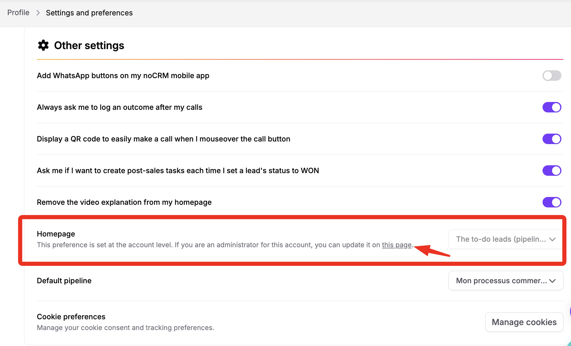 Other settings section of Profile > Settings and preferences shows account-level Homepage preference highlighted, with a red arrow pointing to the “this page” link. Visible: Profile, Settings and preferences, Other settings, Homepage, This preference is set at the account level. If you are an admini