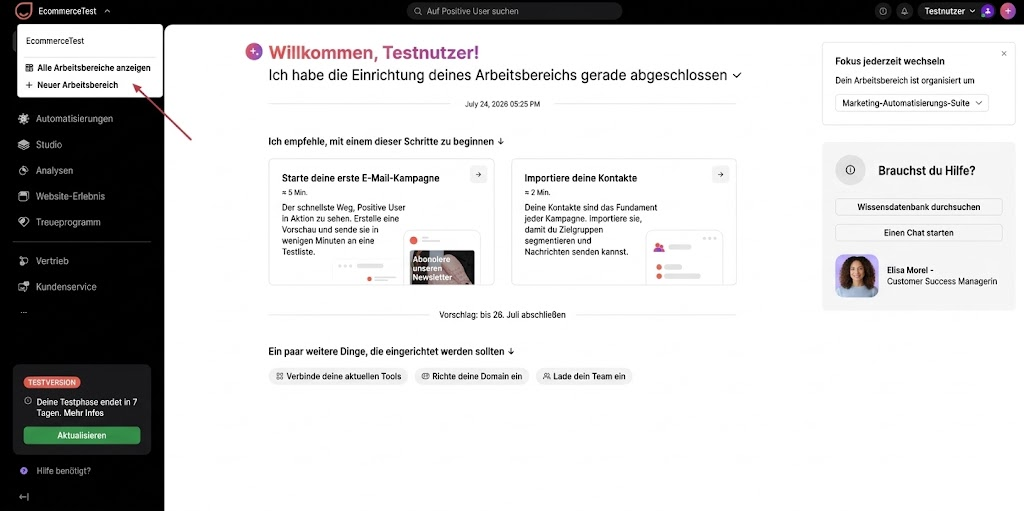 EcommerceTest dashboard welcome screen with a red arrow pointing to “Neuer Arbeitsbereich” in the open workspace menu. Visible: EcommerceTest, Alle Arbeitsbereiche anzeigen, Neuer Arbeitsbereich, Automatisierungen, Studio, Analysen.