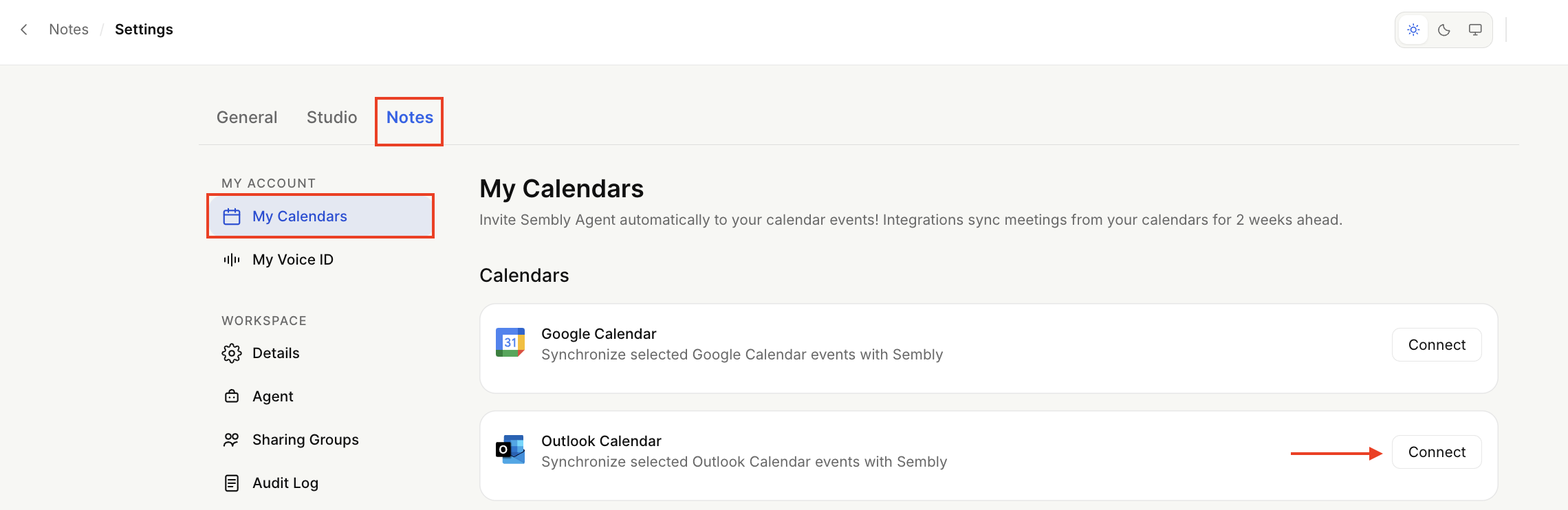 Notes settings page with the Notes tab and My Calendars section selected, showing Google and Outlook calendar integrations; a red arrow points to Outlook Calendar’s Connect button. Visible: Notes, Settings, General, Studio, MY ACCOUNT, My Calendars.