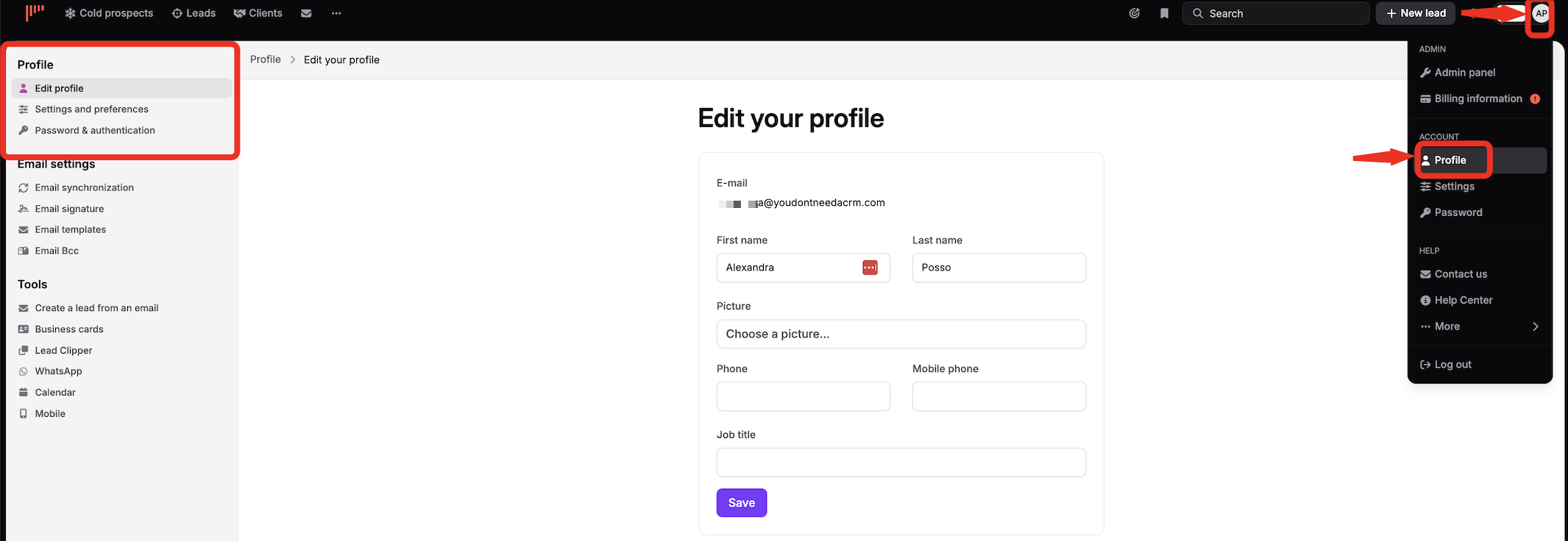 The Edit your profile screen shows profile fields; red outlines mark the Profile navigation section and account avatar, while arrows point to the avatar and Profile menu item. Visible: Profile, Edit profile, Settings and preferences, Password & authentication, Edit your profile, E-mail.