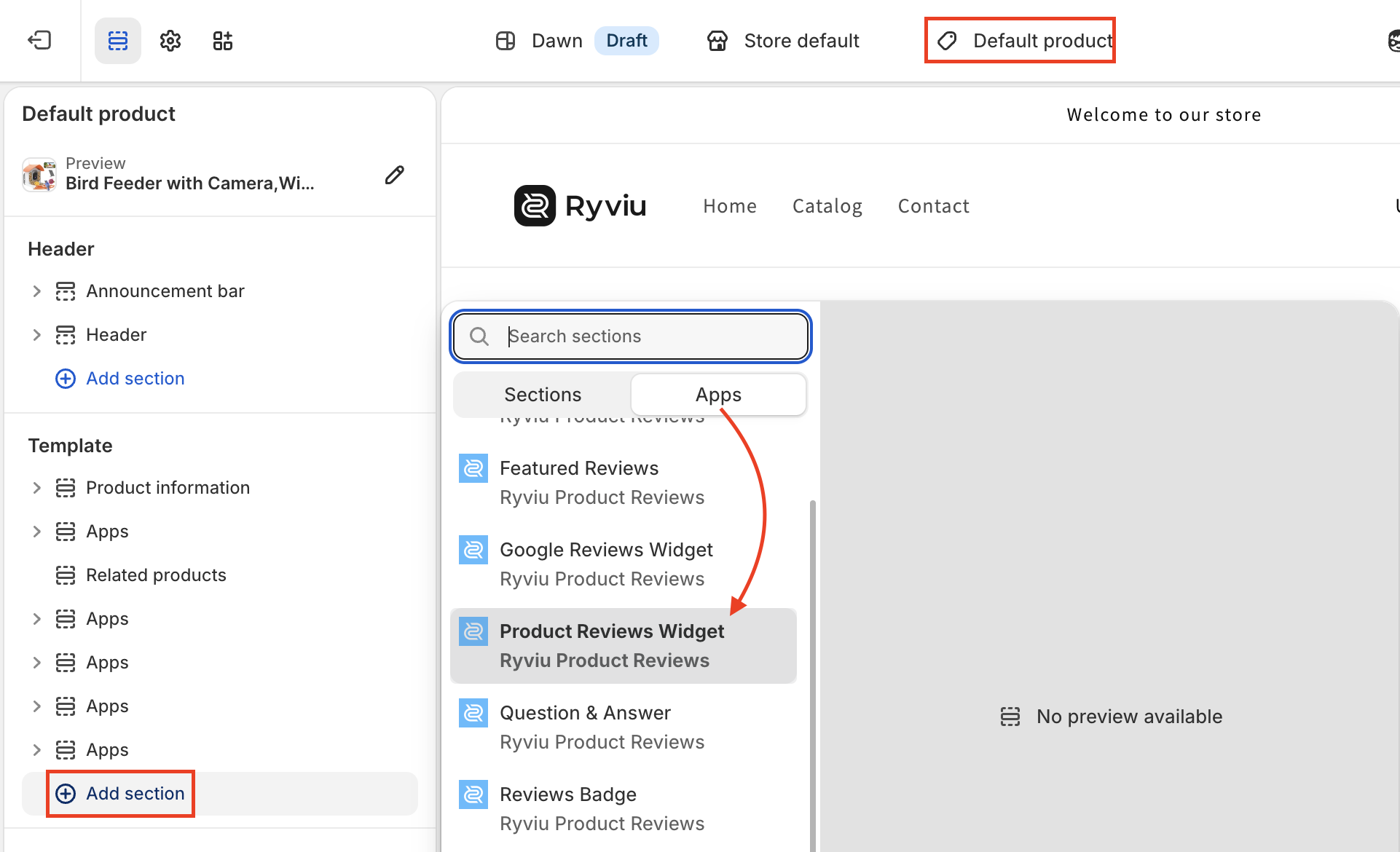 Shopify theme editor for the Default product template has the Add section picker open on Apps, with Product Reviews Widget highlighted by a red arrow. Visible: Dawn, Draft, Store default, Default product, Header, Announcement bar.